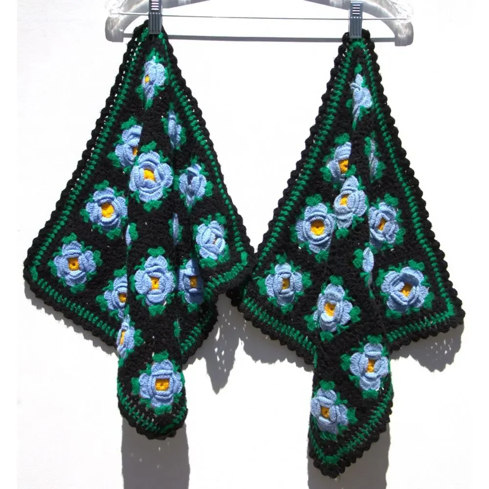 Handmade Crochet 3D Floral Table Mats Set Black Blue Green Vintage Style Doilies